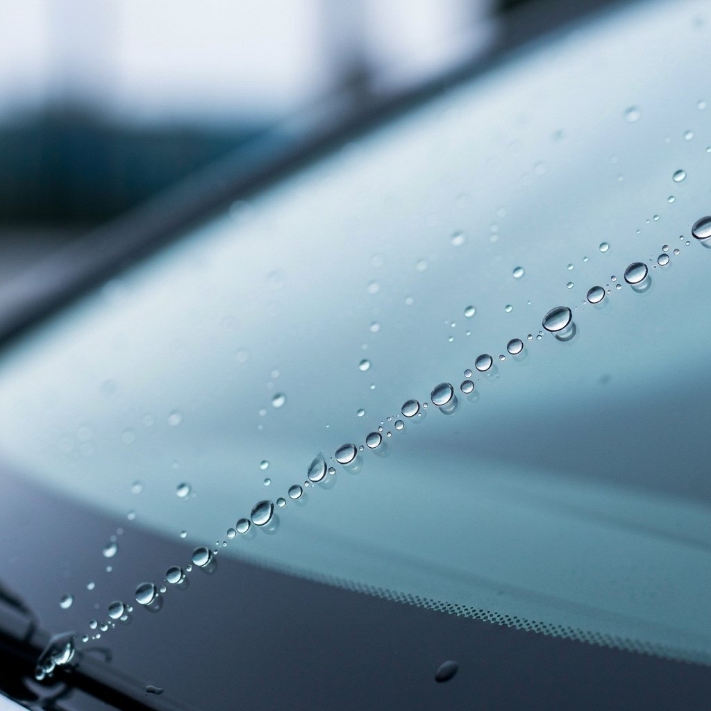 Pare-brise avec un traitement anti-pluie, où l'eau perle parfaitement. L'effet du traitement anti-pluie pare-brise Romanel.