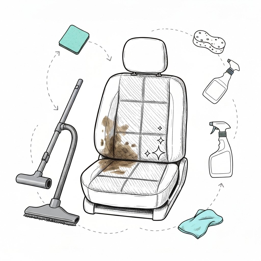 Illustration d'un siège de voiture en tissu, mi-sale mi-propre, avec outils de nettoyage pour comment nettoyer sièges voiture