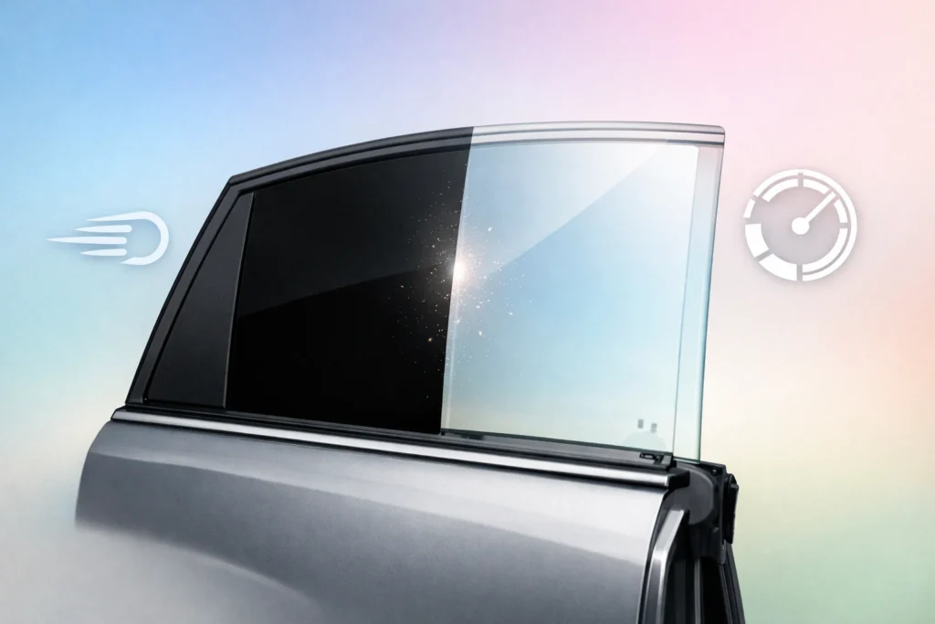 Pose vitre teintée rapide Lausanne: fenêtre de voiture moderne se teintant, avec des icônes flottantes de vitesse et temps.