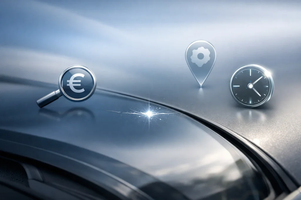 Réparation pare-brise Lausanne pas cher. Pare-brise se réparant, icônes prix et localisation flottantes.