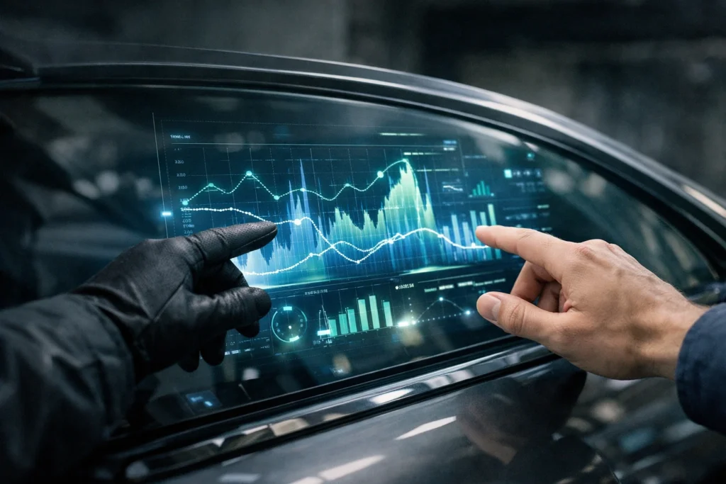 Mains interagissant avec un hologramme sur un pare-brise futuriste, illustrant le coût de remplacement et l'assurance en 2026