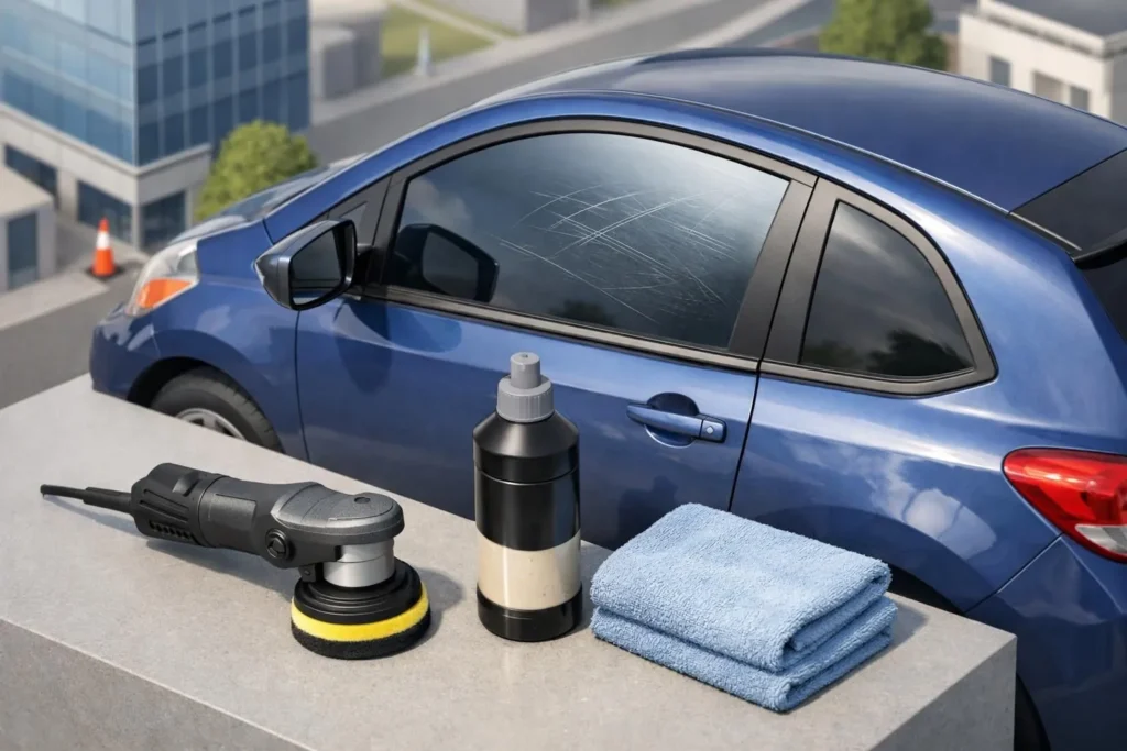 Scène isométrique moderne: outils professionnels pour enlever rayures vitre voiture à Lausanne sur une vitre abîmée.