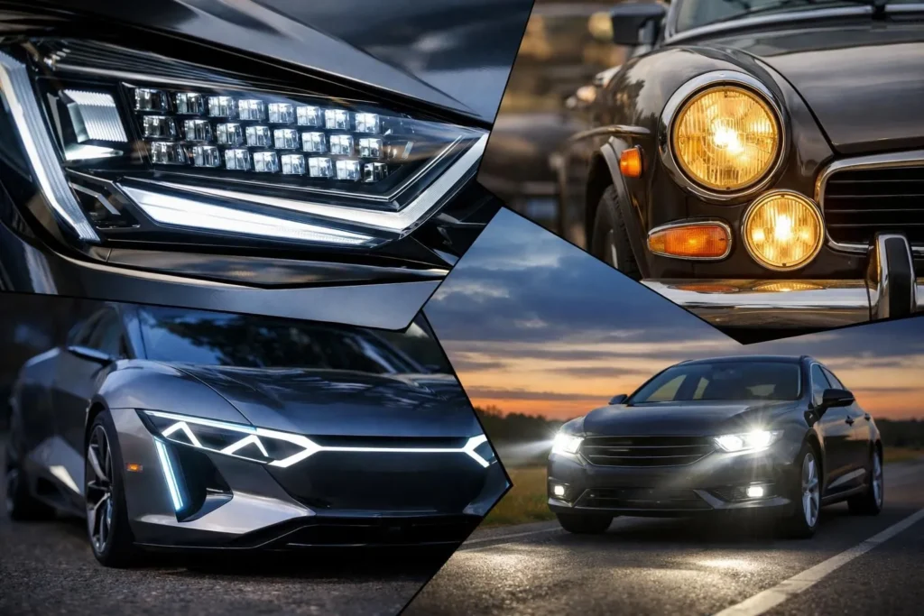 Collage de phares de voiture, modernes et anciens, illustrant l'évolution technologique et les innovations à venir en 2026.