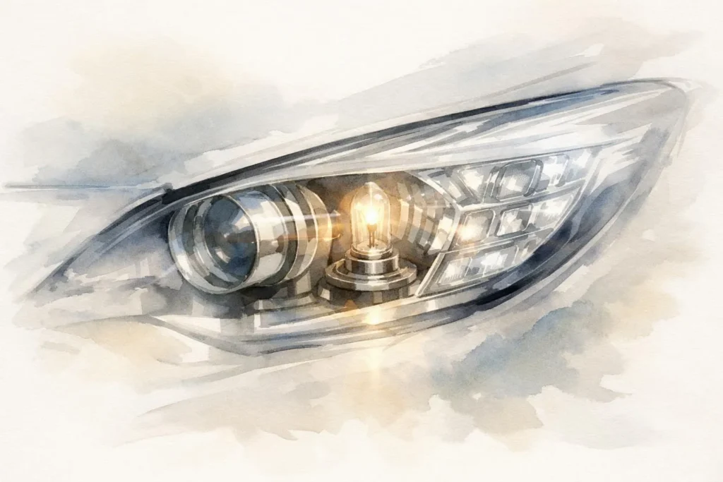 Illustration aquarelle d'un phare pour voiture moderne, montrant ses composants internes et sa lumière douce.