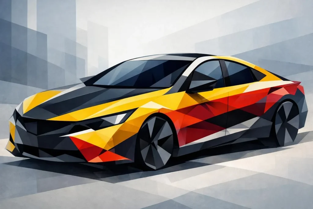 Vitres teintées sur une voiture moderne à Lausanne, expertise et qualité suisse. Design géométrique abstrait.