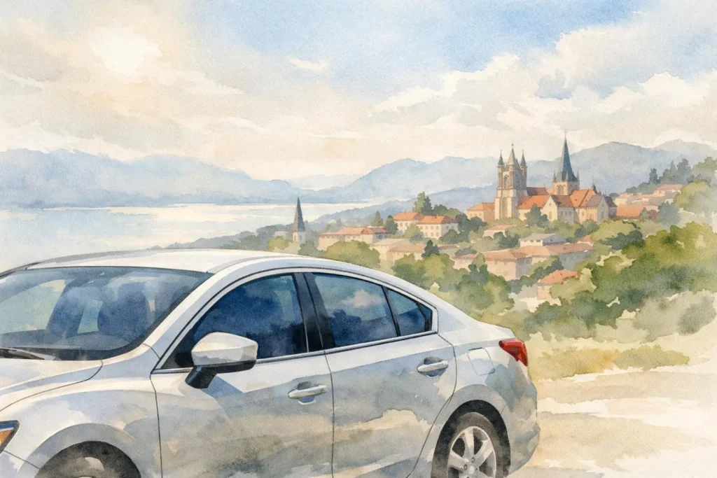 Film teinté voiture anti chaleur Lausanne 2026. Illustration aquarelle d'une voiture aux vitres teintées pour protection sola