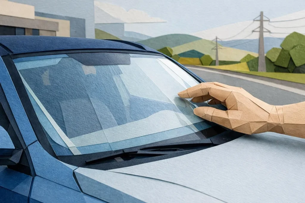 Illustration papier-craft: main experte travaillant sur un pare-brise de voiture. Spécialiste pare-brise à Romanel sur Lausan