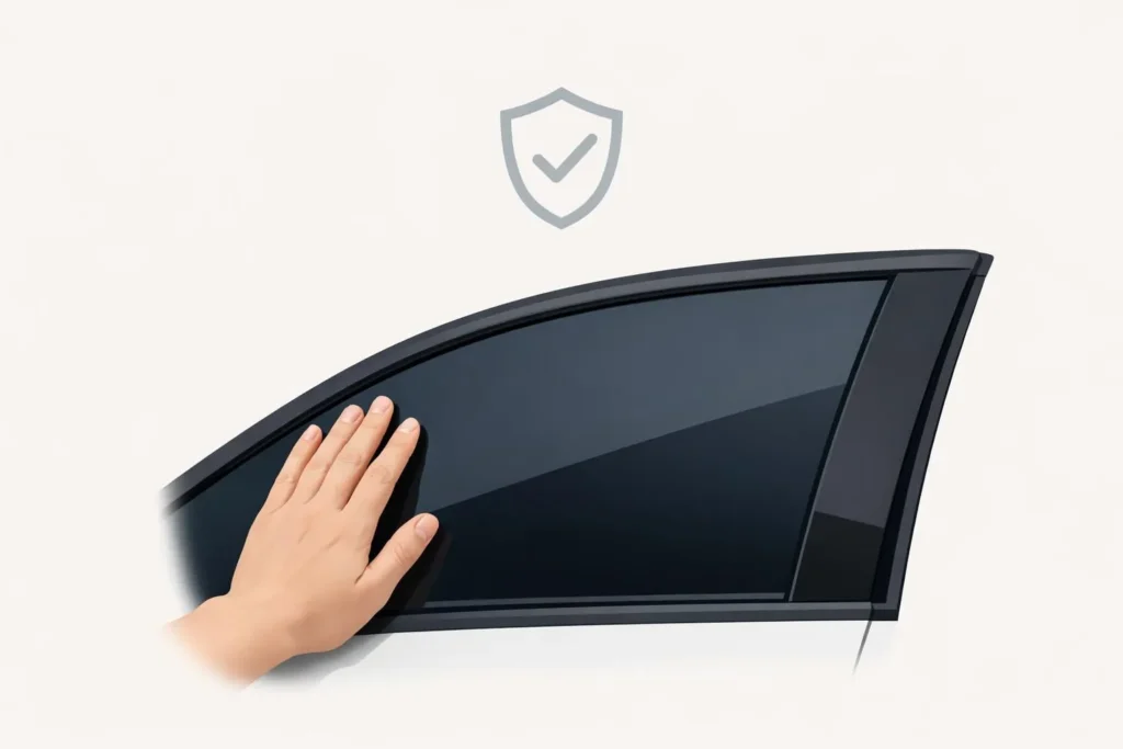 Garantie vitres teintées véhicule: Illustration main sur vitre teintée avec bouclier de garantie, symbole de qualité.