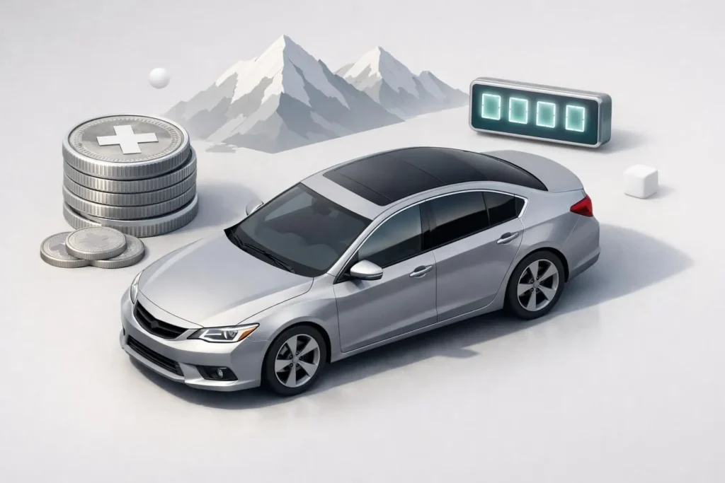 Prix teinter vitres latérales voiture: rendu 3D d'une voiture avec vitres sombres, pièces suisses, et 2026 pour le budget.