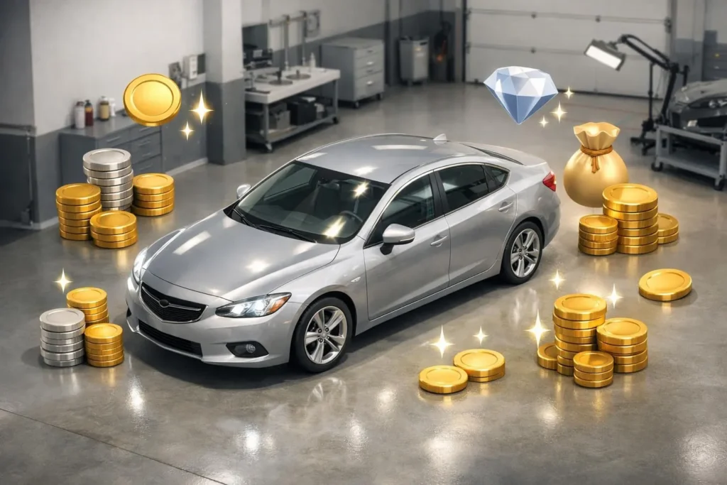 Tarif polish carrosserie Lausanne: Voiture brillante avec symboles de prix, pour comprendre les coûts de réparation.