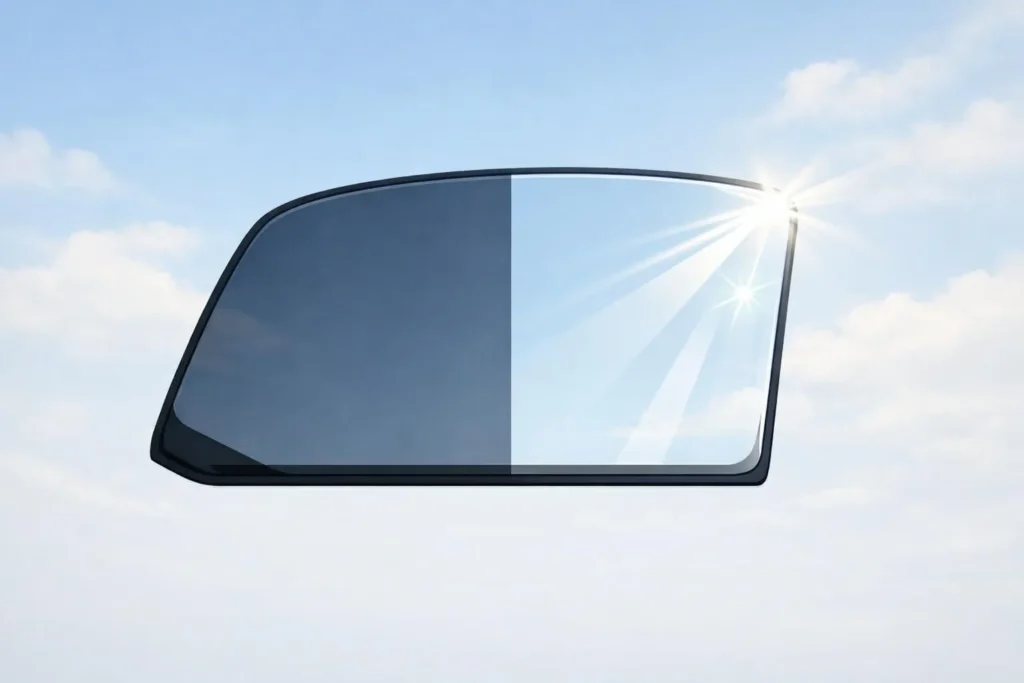 Avantage vitres teintées auto: illustration minimaliste d'une vitre de voiture mi-teintée, protégeant du soleil.