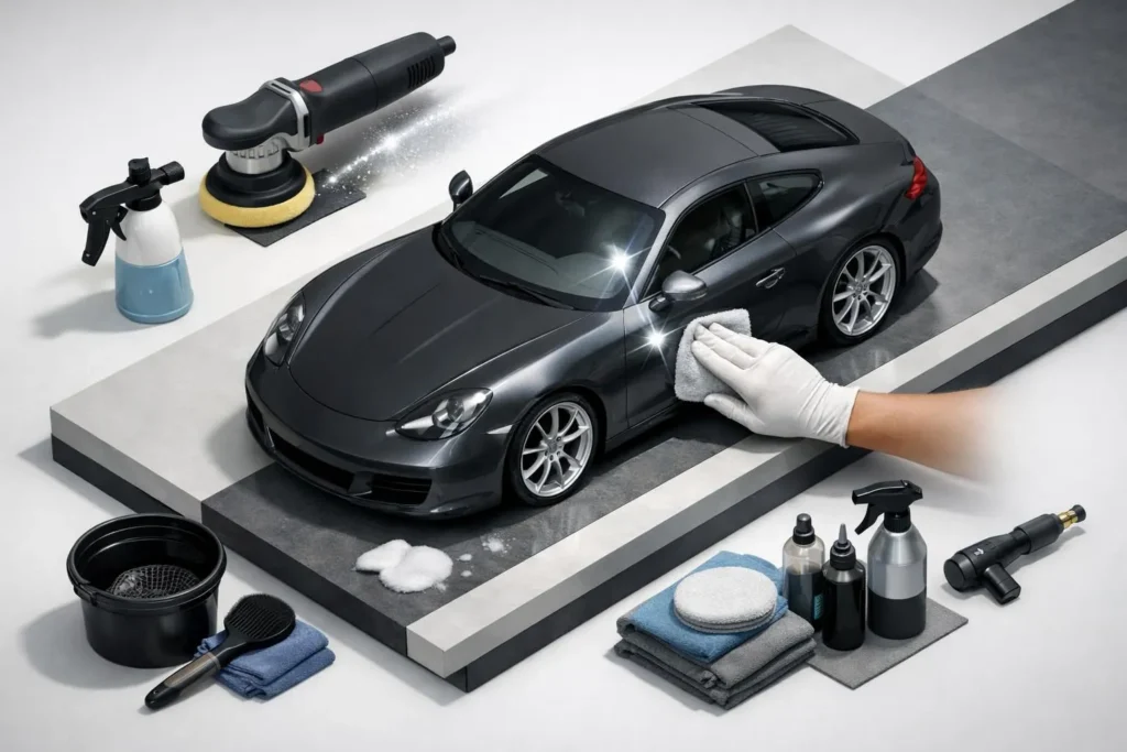 Détail auto Romanel-sur-Lausanne: voiture sportive brillante après detailing Tech Car. Service d'excellence.