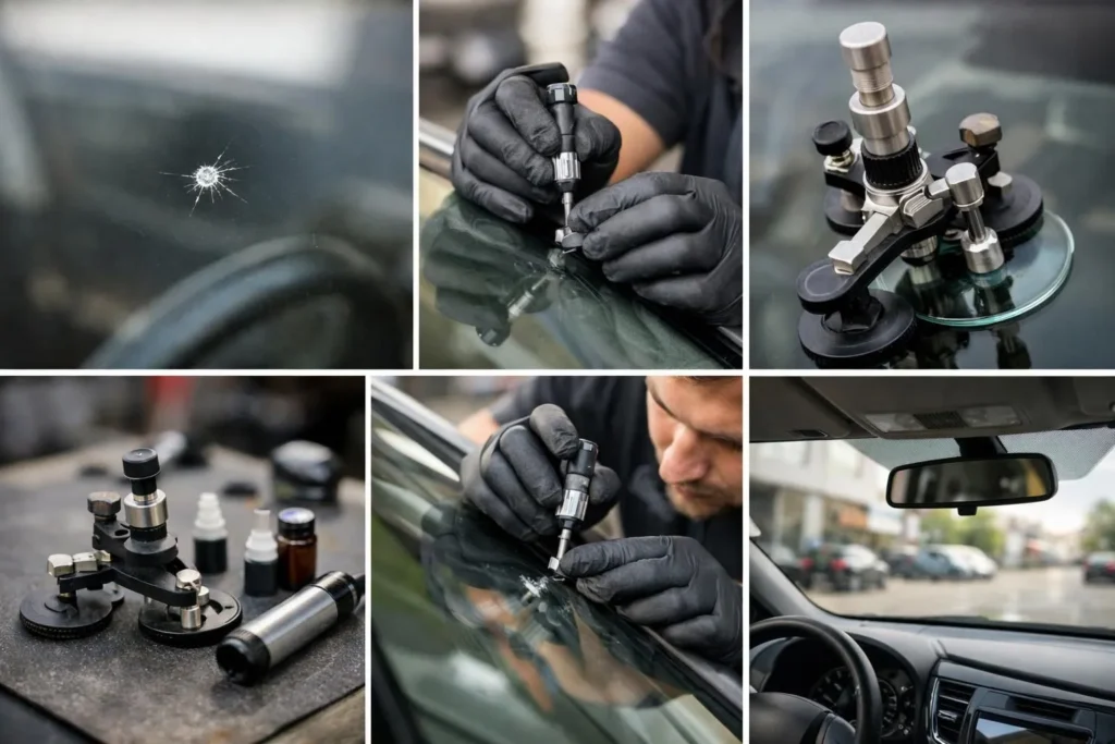 Collage de photos sur le tarif réparation pare-brise à Romanel, montrant expertise et qualité de service.