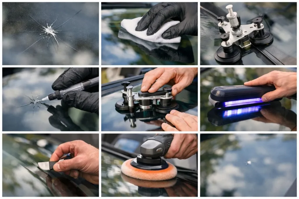 Collage photos montrant comment réparer un impact de pare-brise soi-même, étapes du début à la fin.