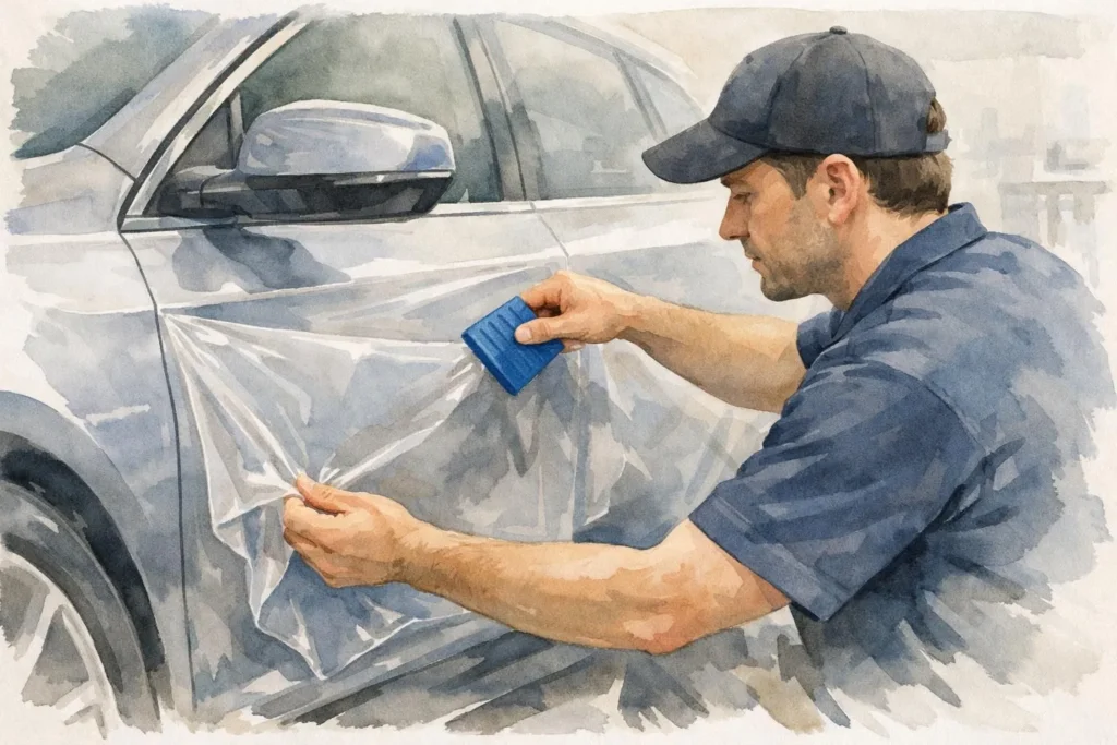 Illustration d'une entreprise posant un film de protection sur une voiture à Lausanne, ambiance douce.