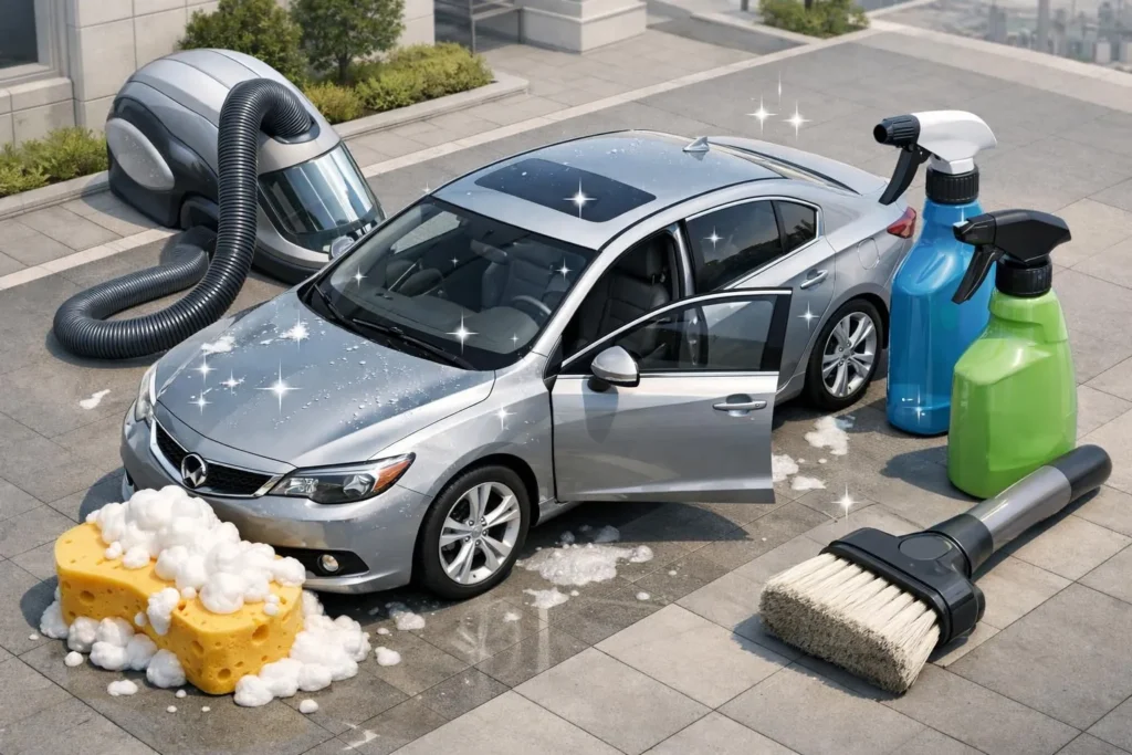 Image 3D isométrique d'une voiture étincelante après un forfait nettoyage auto intérieur extérieur à Lausanne. Service pro.