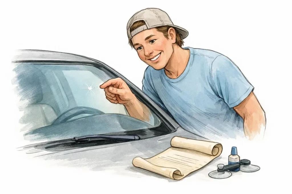 Dessin main: personne examinant un pare-brise réparé. Souligne la garantie réparation pare-brise suisse et les droits.