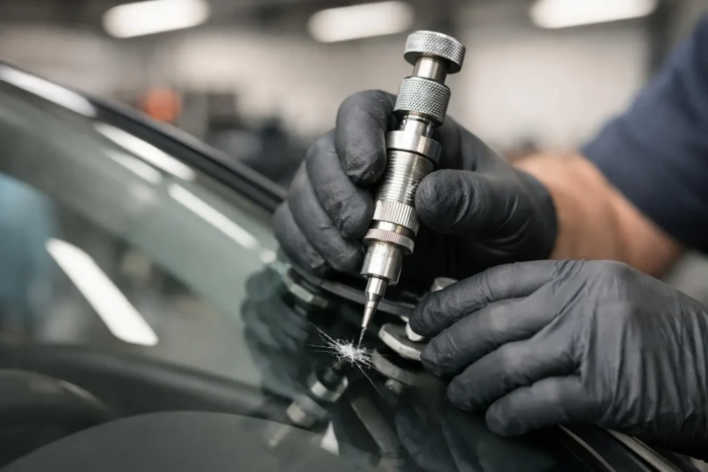 Un technicien effectue une réparation pare brise rapide à Lausanne, injectant de la résine sur un impact de pare-brise.