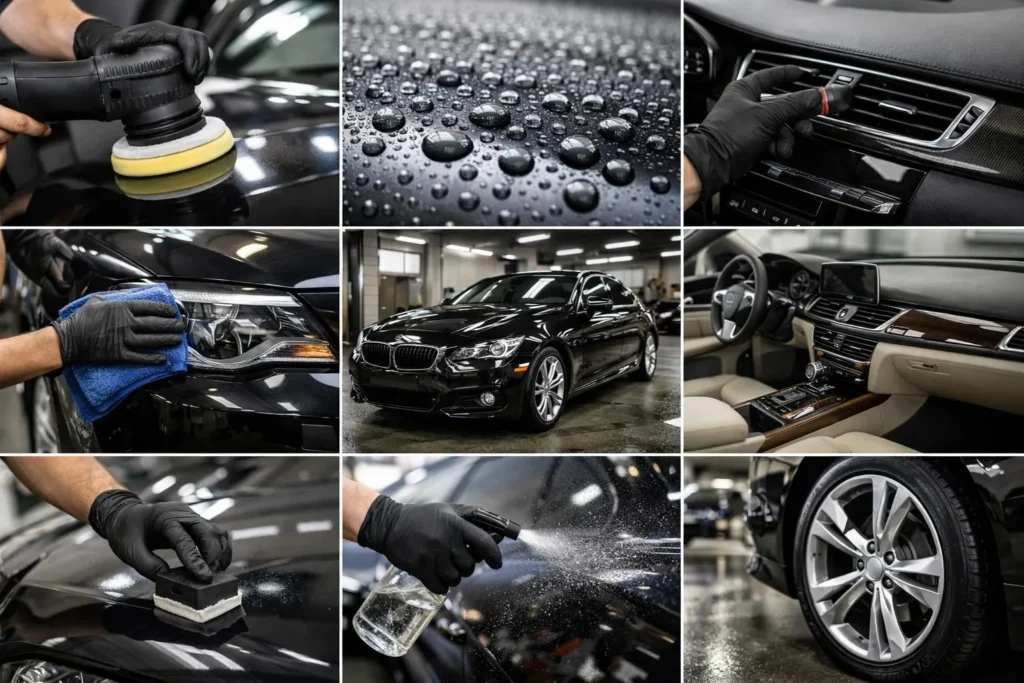 Collage authentique illustrant les services professionnels de detailer voiture à Lausanne pour protection et brillance.