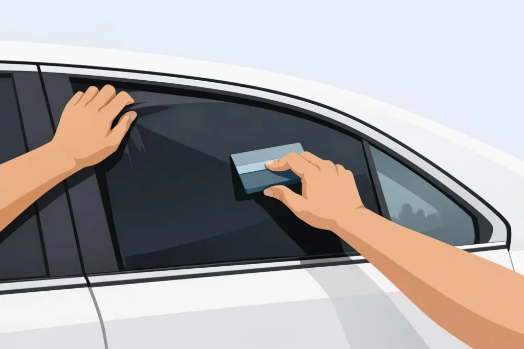 Installation professionnelle de film teinté auto à Vaud, réalisée avec expertise sur une vitre de voiture.