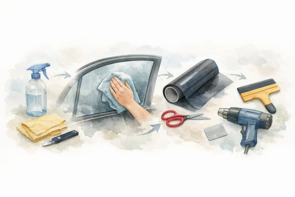 Illustration aquarelle tutoriel pour teinter vitres voiture soi-même à Lausanne, montrant étapes de préparation et pose.