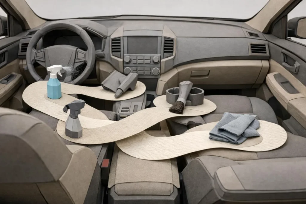 Comment nettoyer voiture intérieur professionnellement en 5 étapes: illustration paper craft d'un habitacle propre et outils.