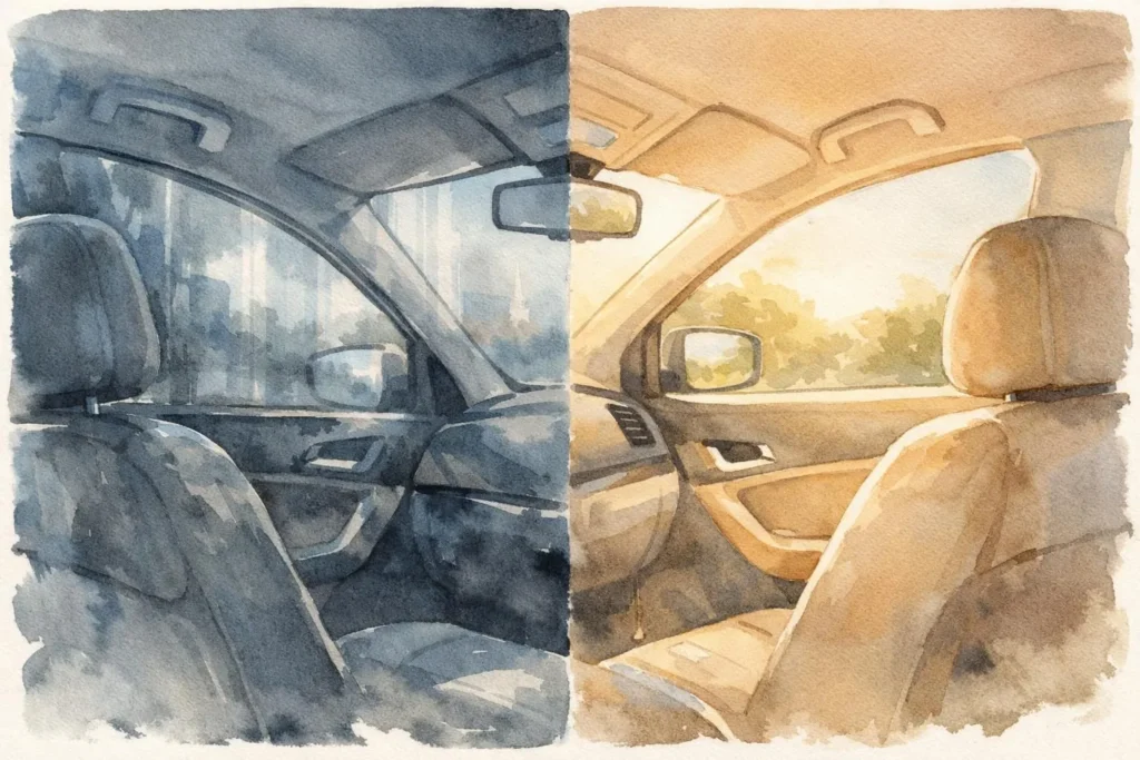 Vitres teintées: aquarelle comparant les effets métalliques et céramiques sur la lumière et la visibilité intérieure.