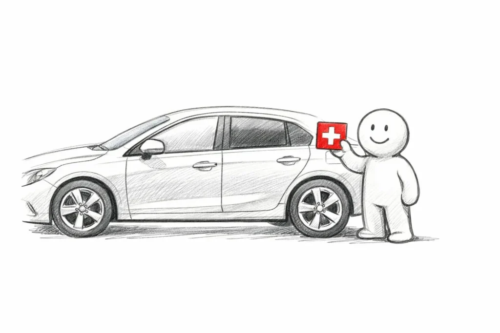 Croquis d'une voiture avec vitres teintées, symbolisant le teintage auto homologué en Suisse et la légalité.