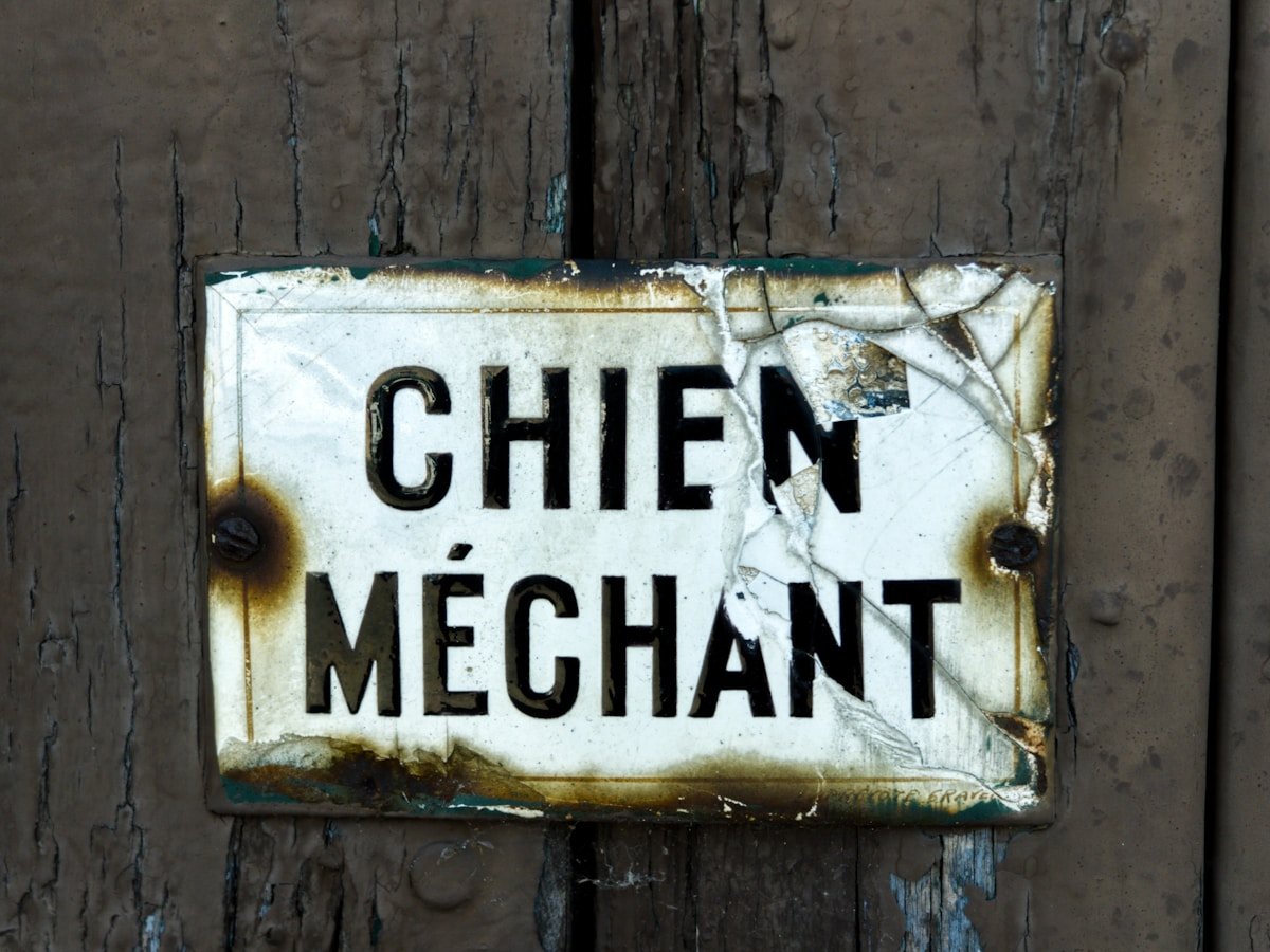 A weathered sign warns "méchant chien."