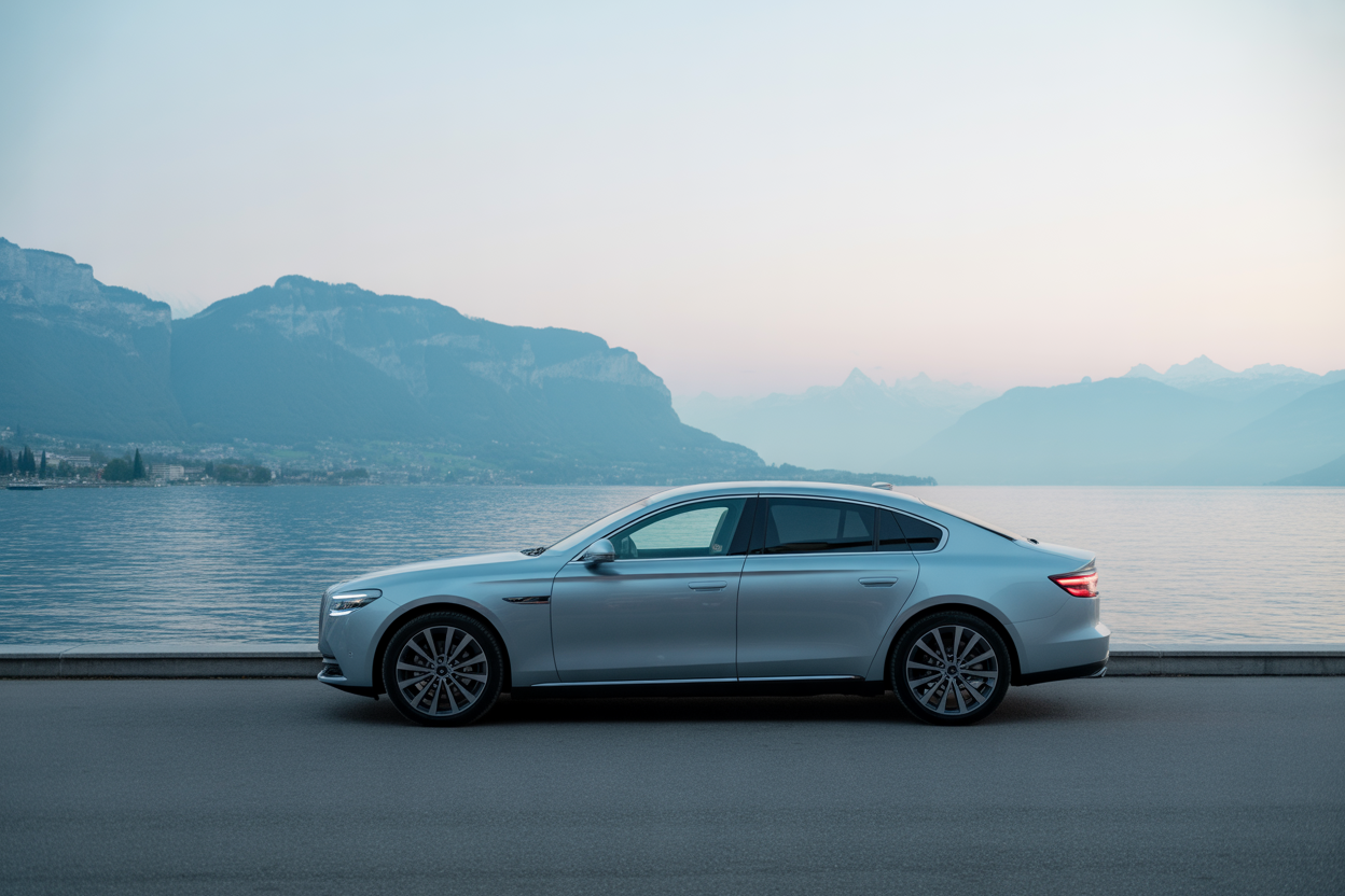 Une voiture moderne avec des vitres teintées conformes à la loi, garée avec une vue sur le lac Léman en arrière-plan pour situer l