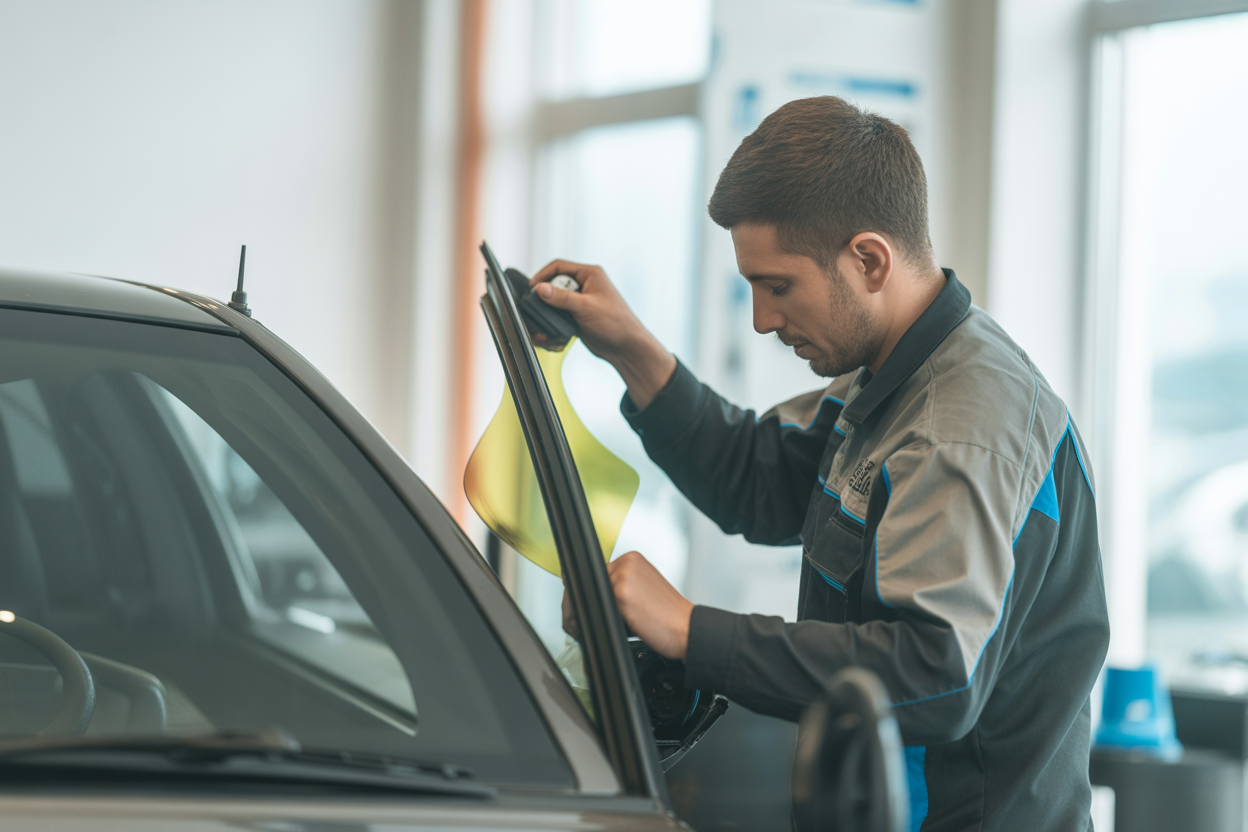 Un technicien de Techcar.ch appliquant avec soin un film teinté sur la vitre latérale d