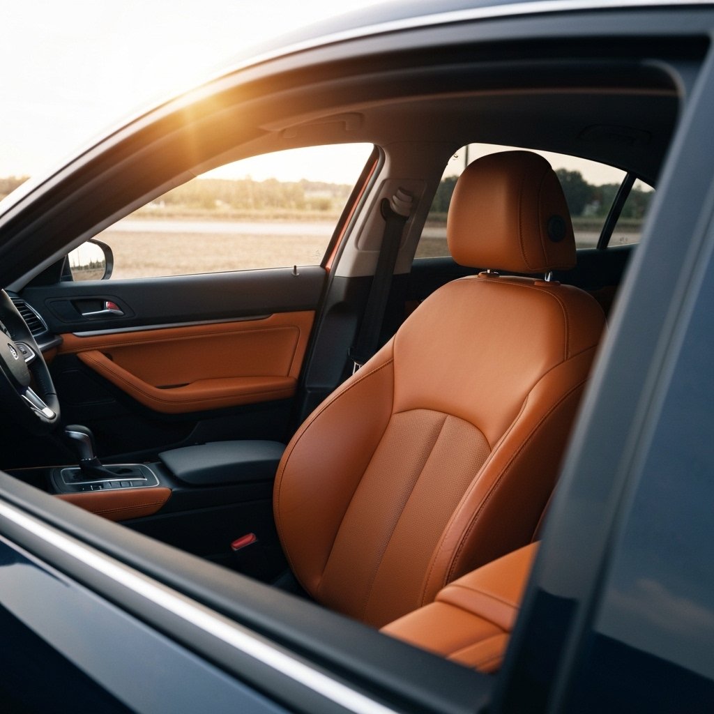 Close-up of a modern car interior showing preserved leather seats and dashboard through tinted windows, with sunlight streaming through, realistic automotive photography