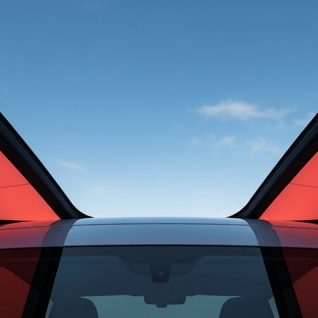 Vue de profil d'une berline européenne moderne stationnée en extérieur, montrant clairement les vitres latérales avant légèrement teintées d'usine avec une transparence optimale, ciel dégagé en arrière-plan