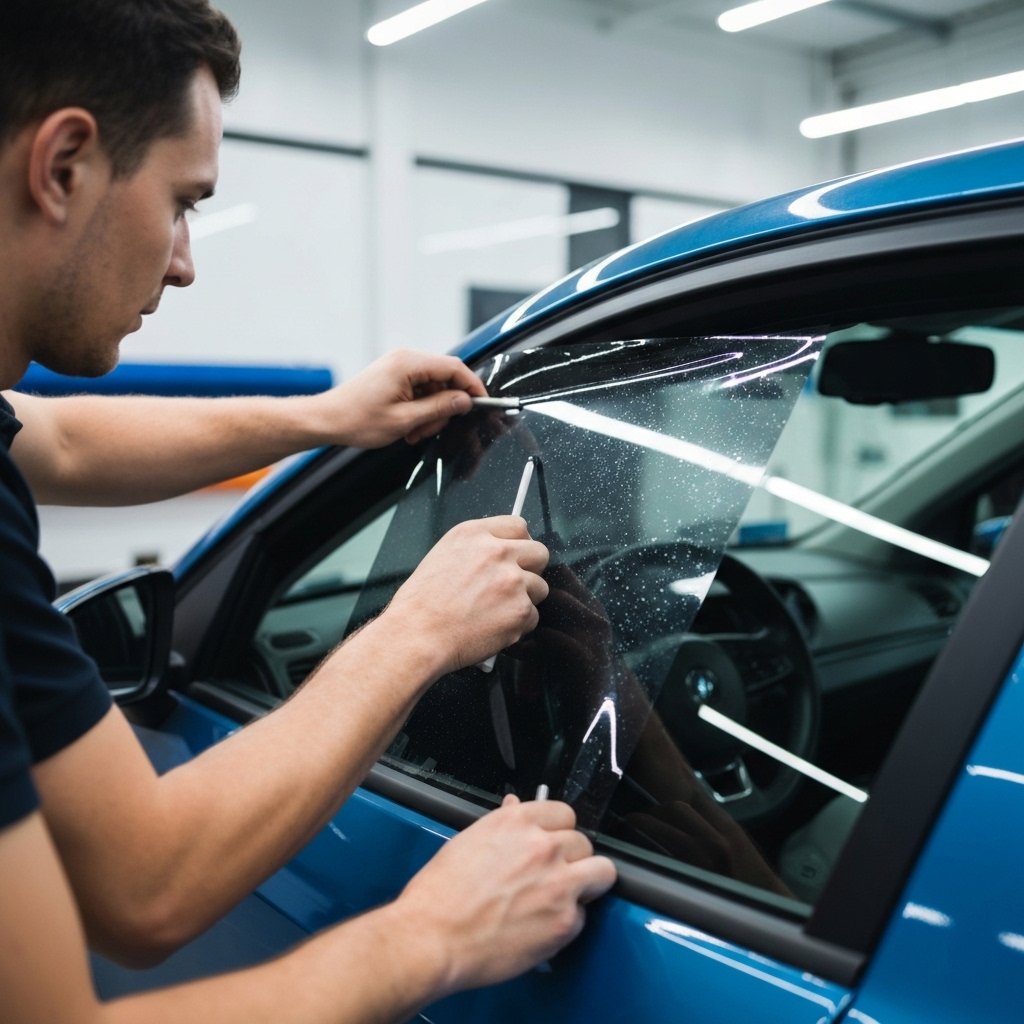 Professional installer carefully applying dark solar film on car side window in bright modern workshop, hands positioning film with precision tool