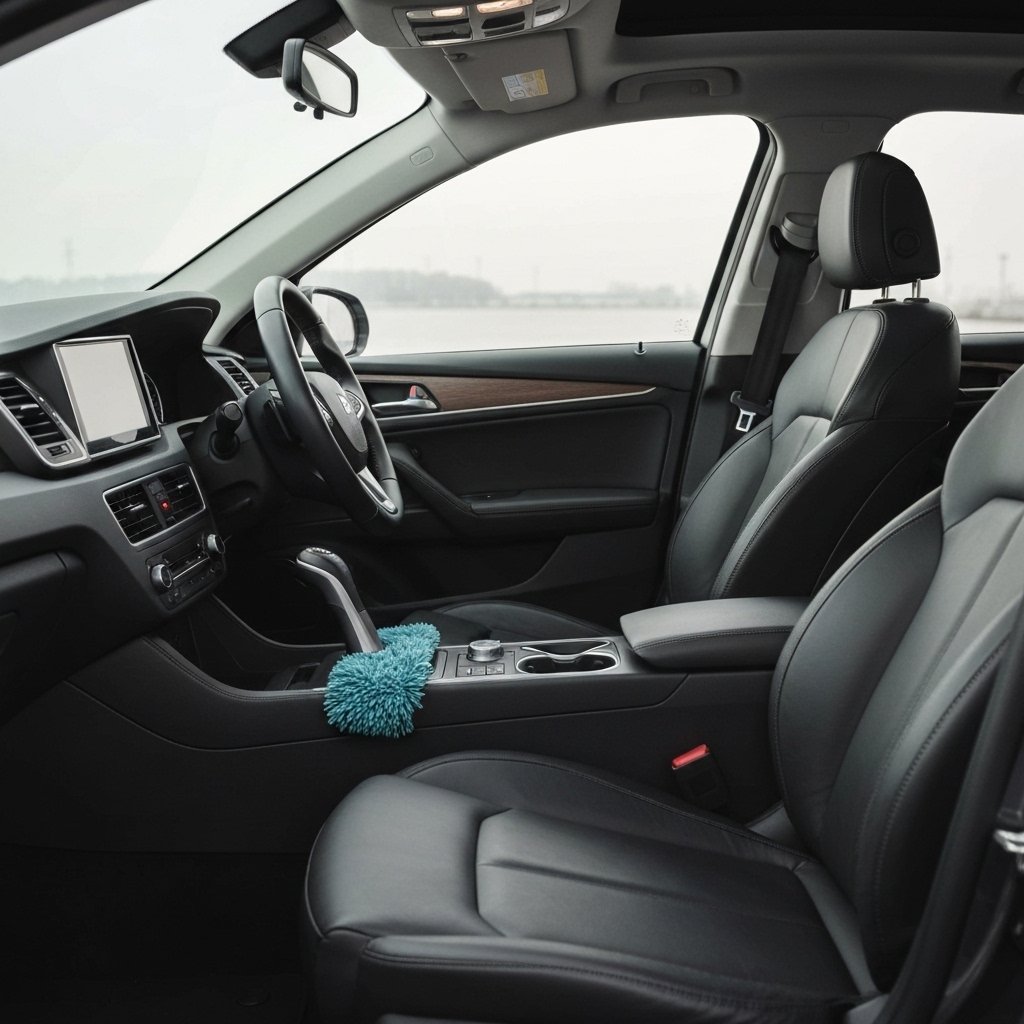 Professional detailer cleaning modern car interior with vacuum and microfiber cloth, sunlight streaming through windows, spotless dashboard and leather seats