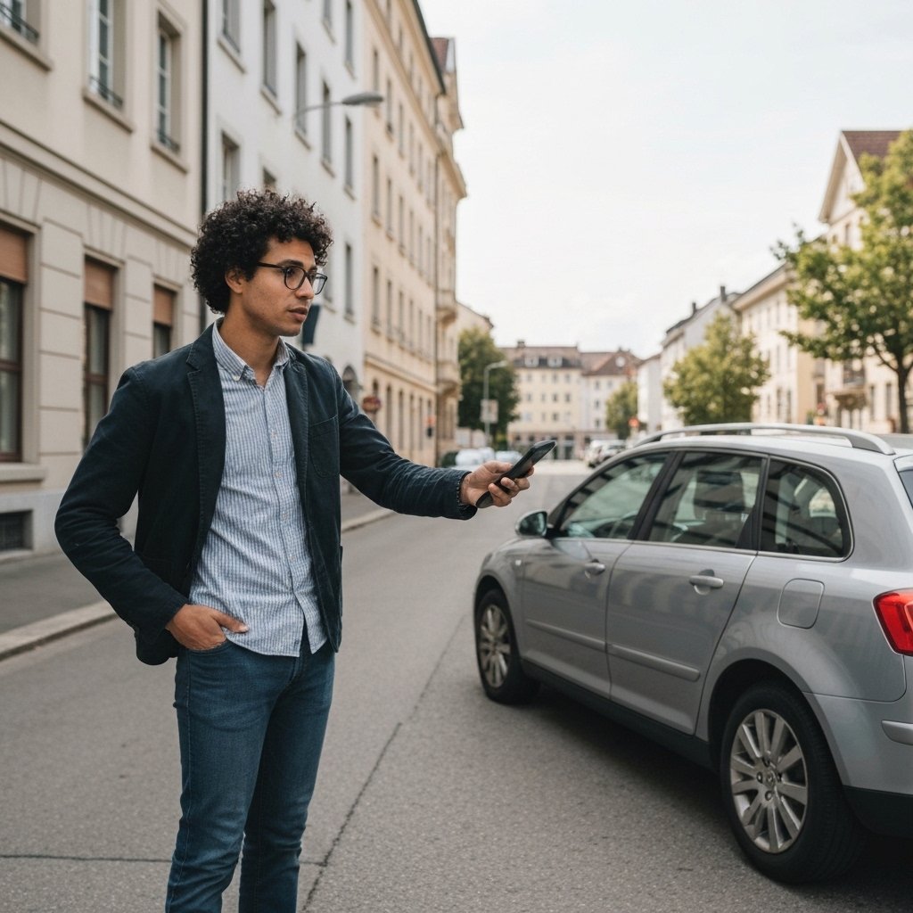 Anxious driver standing beside broken down sedan on residential Lausanne street, checking phone, modern Swiss urban setting with buildings in background, realistic daytime photography