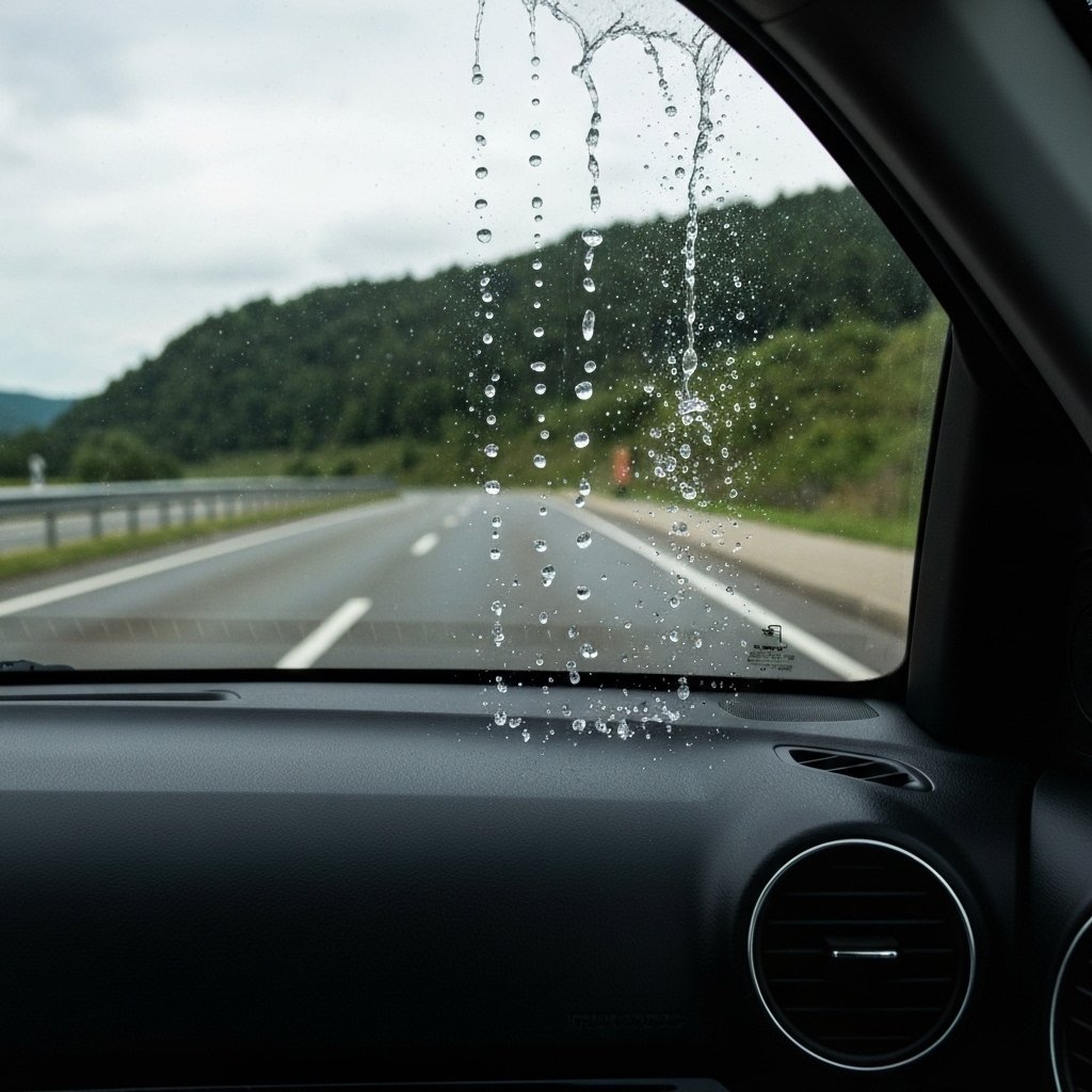 Vue depuis l'intérieur d'une voiture montrant un pare-brise traité où les gouttes d'eau perlent et glissent rapidement sur la surface, avec une route pluvieuse visible en arrière-plan et un effet de contraste entre la zone traitée claire et nette versus une zone non traitée floue, lumière naturelle grise de jour pluvieux