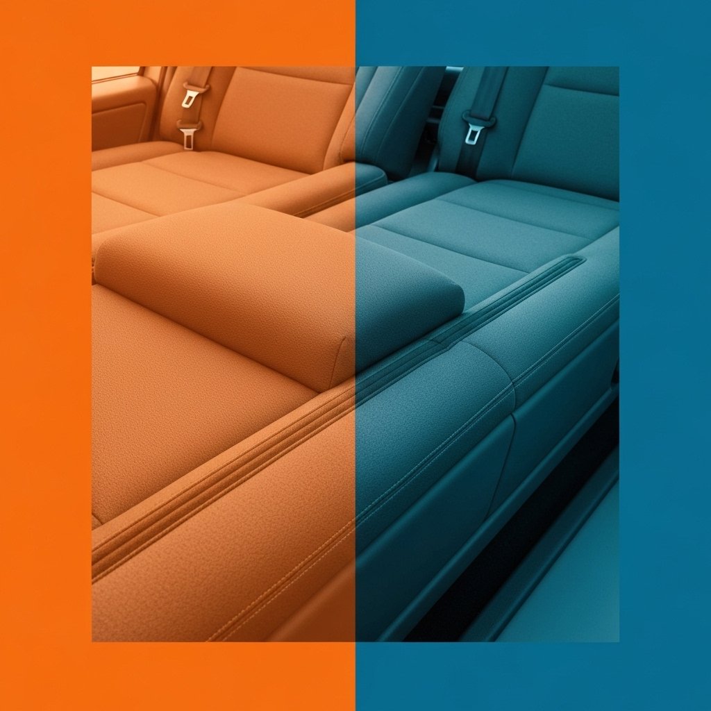 Interior view of a car showing fabric seats and dashboard with visible smoke residue or staining, demonstrating the impact of cigarette smoke on vehicle surfaces, realistic automotive detailing photography style, close-up perspective highlighting upholstery texture and odor-retention areas in Lausanne region