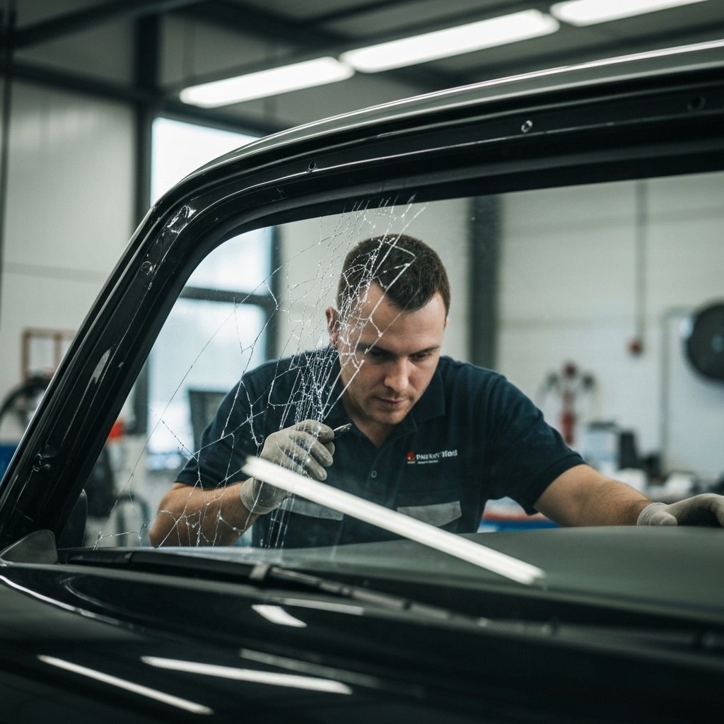 Close-up of a car windshield with visible crack and chip damage being examined by a professional technician wearing gloves in an automotive repair workshop, natural lighting showing the detail of the glass damage, professional service environment with tools visible in background