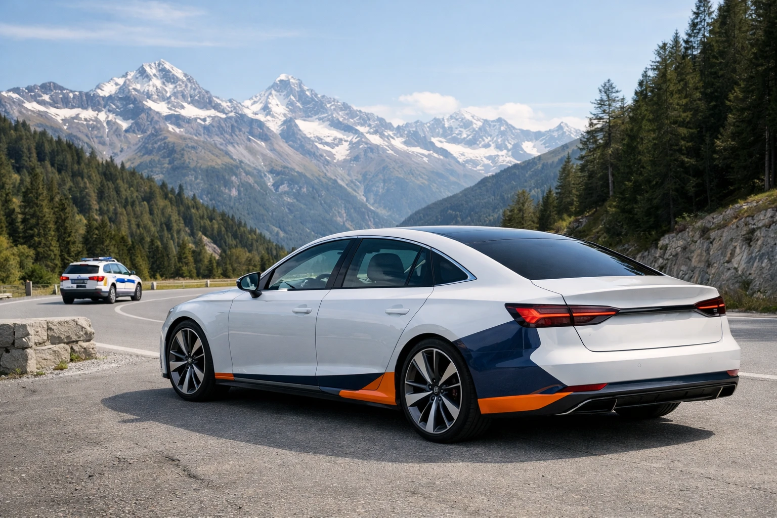 Modern luxury sedan with legally tinted rear windows parked on Swiss mountain road with Alpine peaks and forest in background, police vehicle visible in distance, natural daylight showing clear visibility through front windows