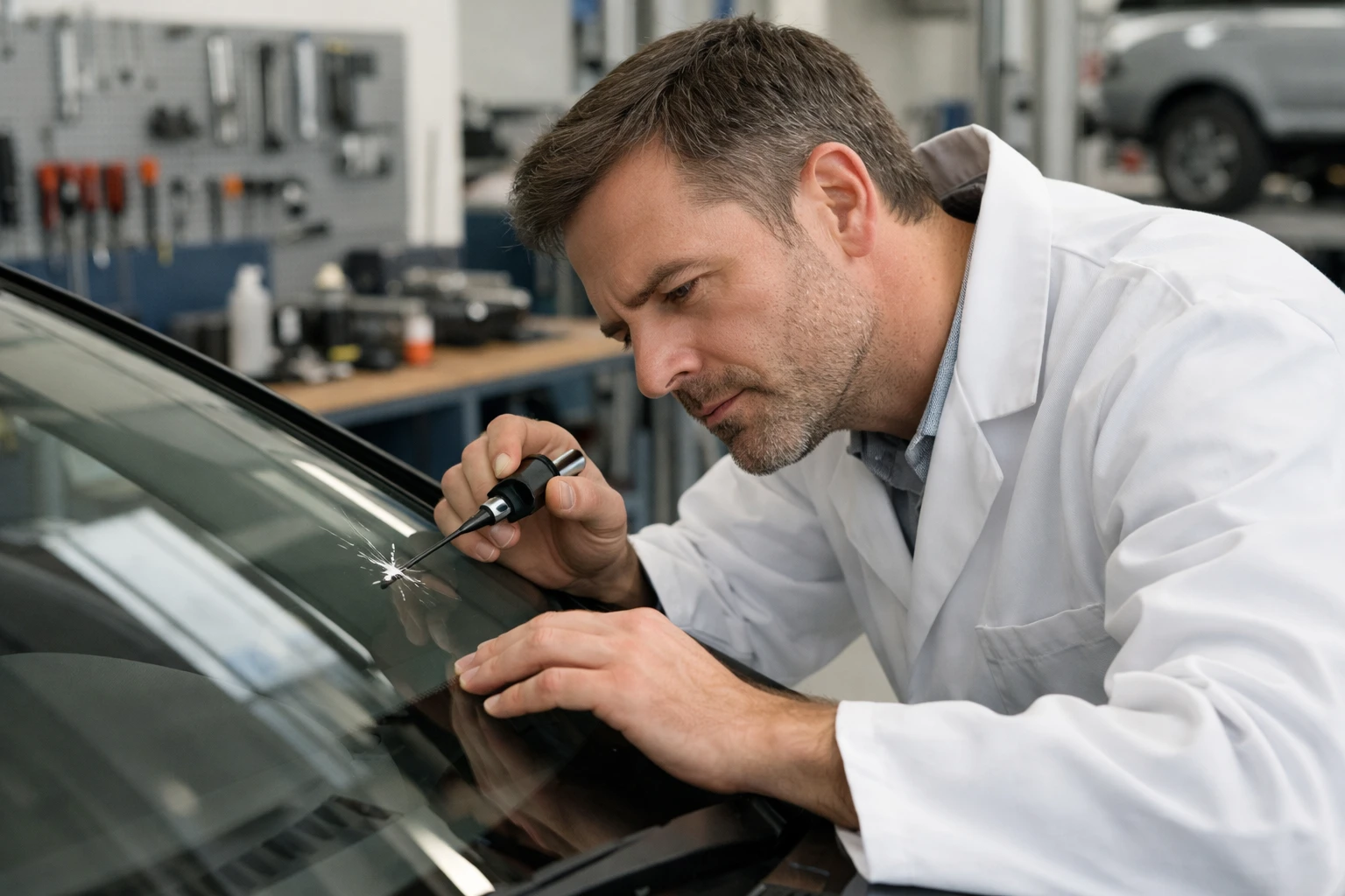 Technicien professionnel en blouse de travail inspectant minutieusement une fissure sur le pare-brise d'une voiture moderne dans un garage lumineux, avec des outils de réparation spécialisés visibles sur un établi en arrière-plan, atmosphère professionnelle et soignée typique d'un atelier automobile suisse
