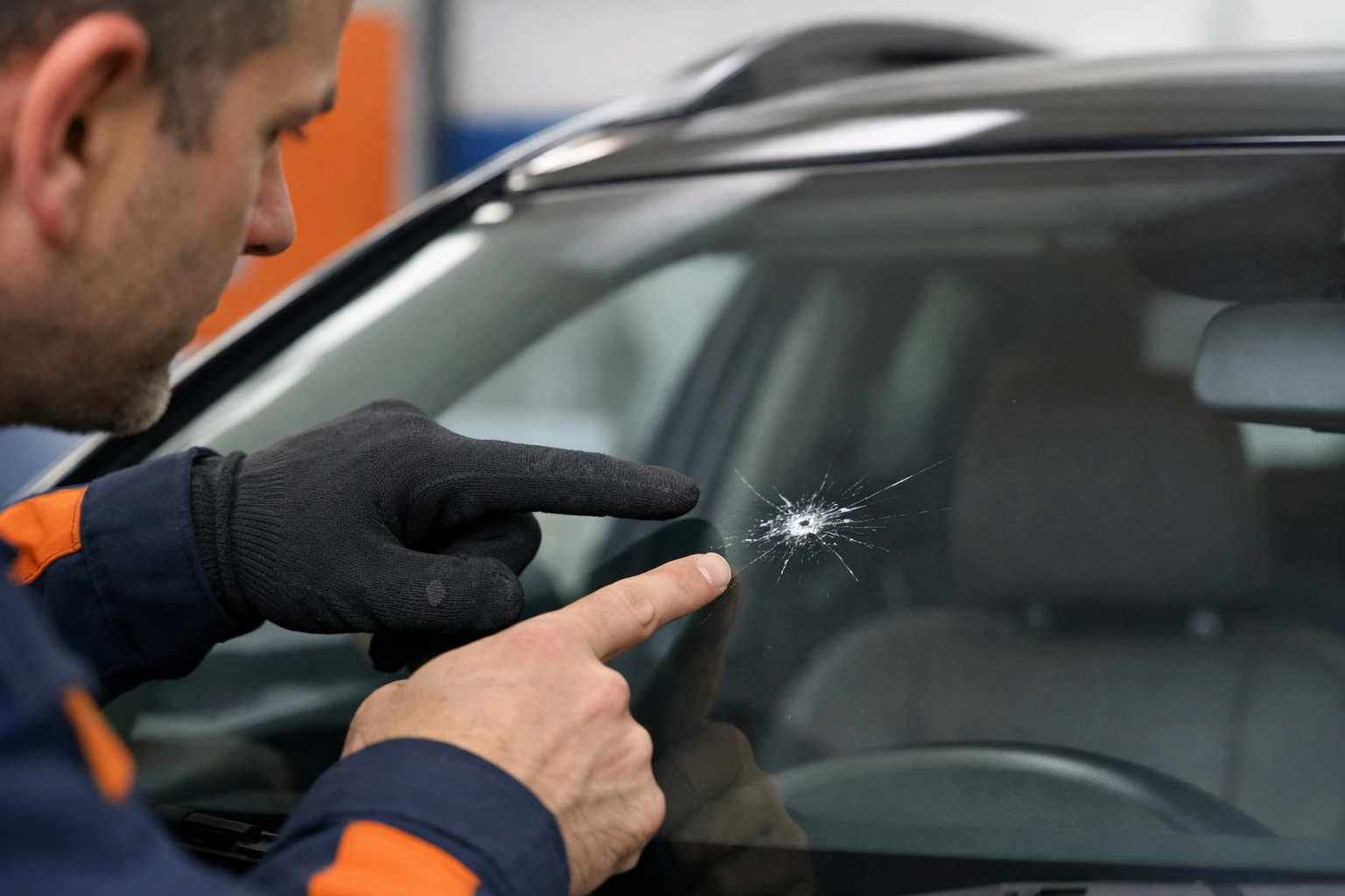 Professional technician examining a cracked windshield on a modern car parked in a Swiss garage, close-up view showing the stone chip damage and the person's hands pointing to the impact zone, realistic automotive workshop setting