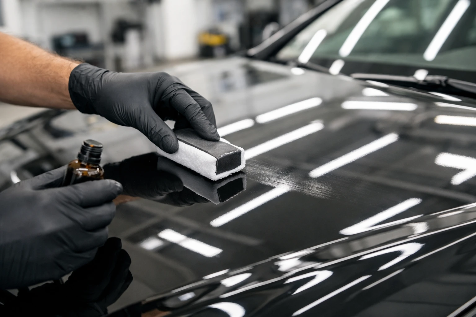 Gros plan professionnel d'une carrosserie automobile noire brillante avec des reflets parfaits montrant l'effet d'un traitement céramique, main gantée appliquant le produit avec un applicateur, environnement d'atelier automobile propre et lumineux, gouttes d'eau perlant sur la surface protégée