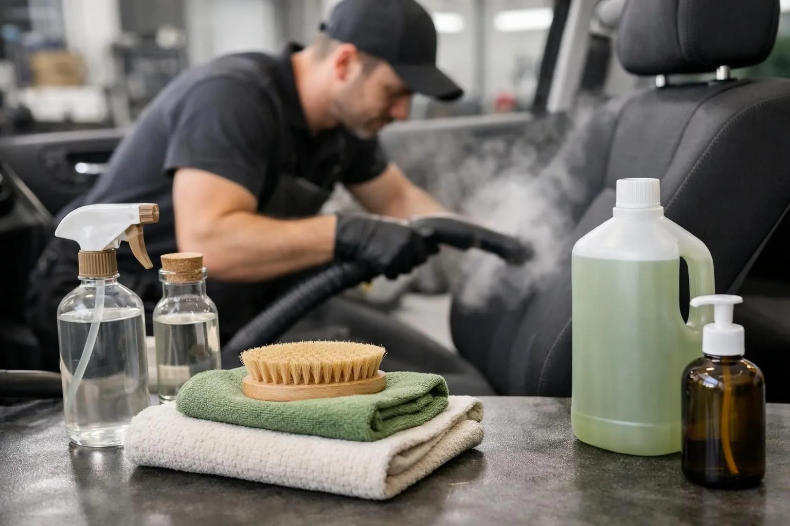 Professional car interior detailing in a Vaud workshop, technician using specialized steam cleaning equipment on vehicle seats, modern automotive cleaning facility with visible detailing tools and eco-friendly product bottles, natural lighting through workshop windows, realistic photo quality