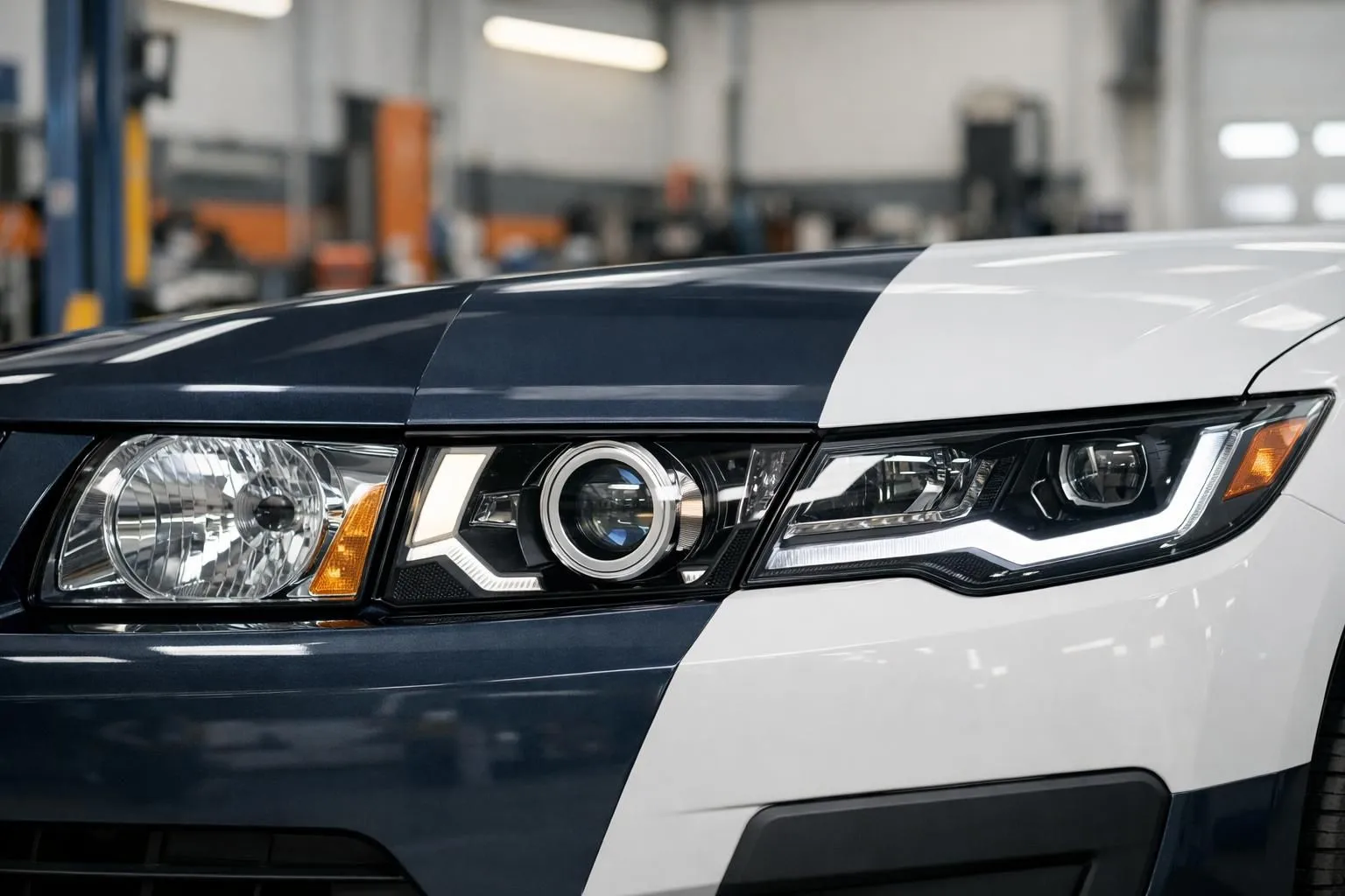 Side-by-side comparison of three car headlight types mounted on vehicle front, showing halogen yellow glow, bright white LED light, and intense blue-white xenon beam in automotive workshop setting with professional lighting