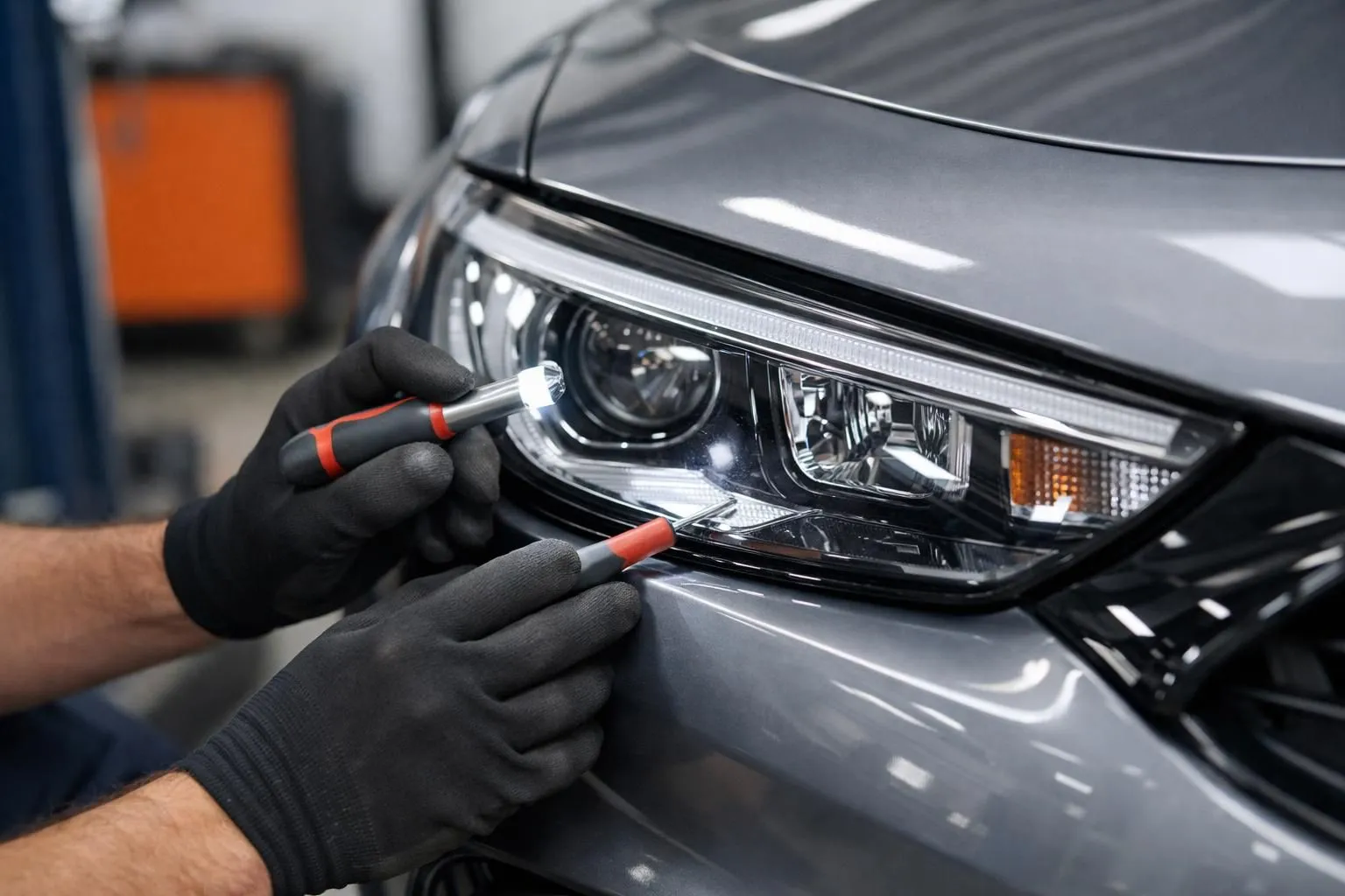Close-up of modern car headlight being inspected by technician hands with tools at automotive service center, focused lighting showing clear lens quality and professional maintenance work