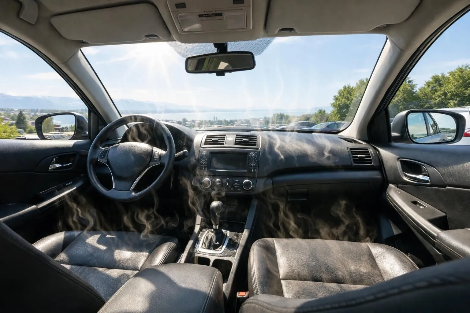 Interior view of a car parked under intense summer sun in Lausanne, showing dashboard with heat waves visible, bright sunlight streaming through untinted windows, overheated steering wheel and seats, demonstrating extreme heat buildup inside vehicle cabin, realistic automotive photography