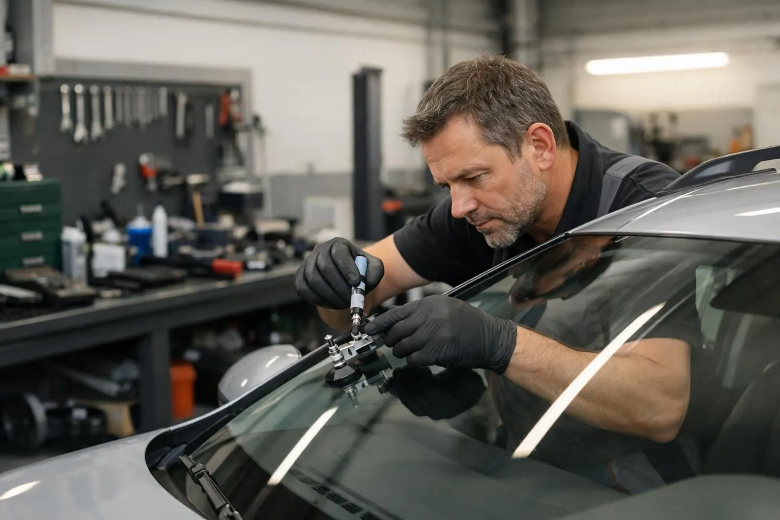 Professional automotive technician wearing safety gloves carefully examining and repairing a cracked windshield on a silver car inside a modern well-lit workshop with specialized repair tools and equipment visible on nearby workbench in Romanel sur Lausanne area