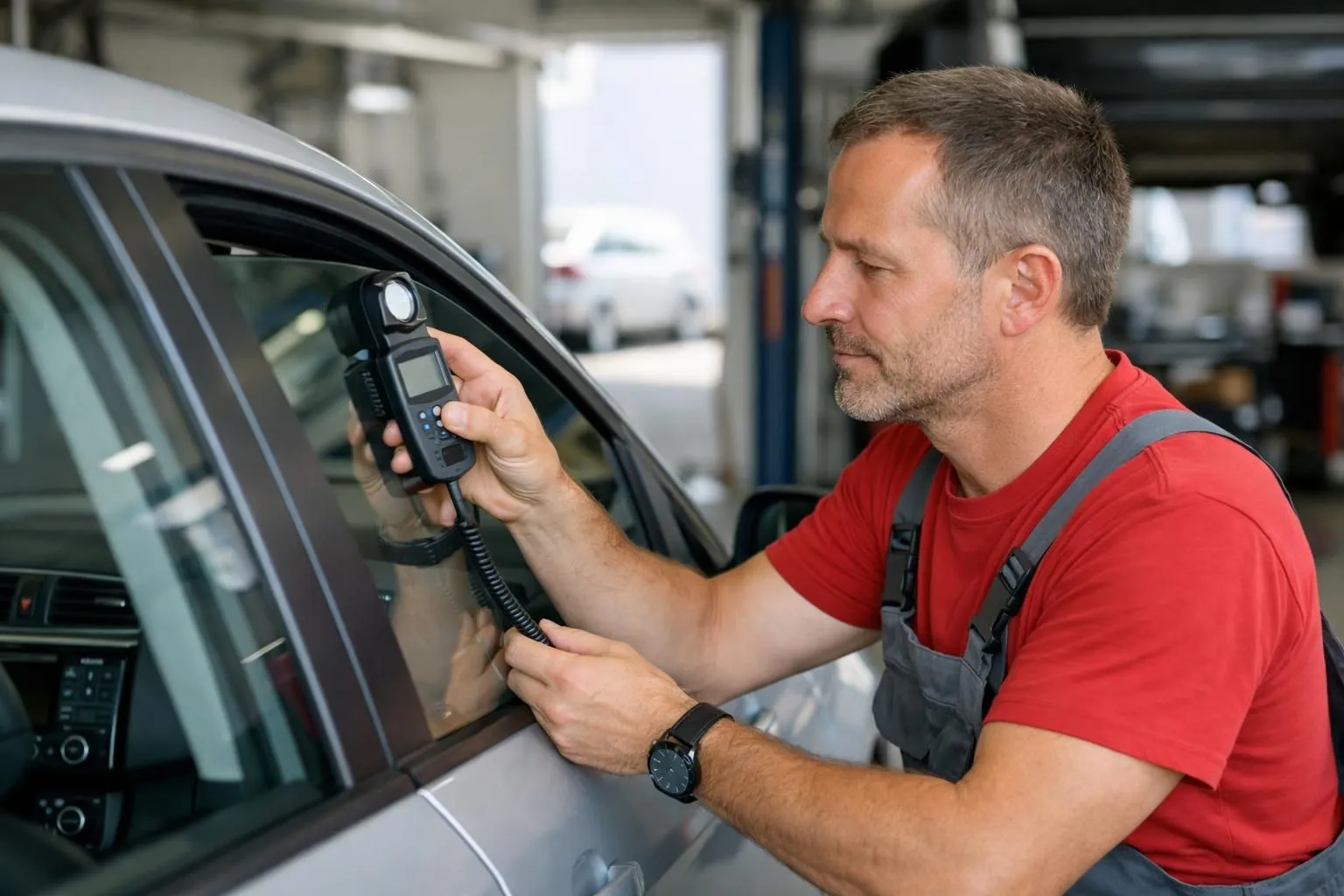 Close-up professional photograph of a car specialist measuring light transmission through a vehicle's front side window using a transparency meter device in a Swiss auto service garage, with natural lighting showing the clear glass, visible dashboard in background, realistic automotive service scene
