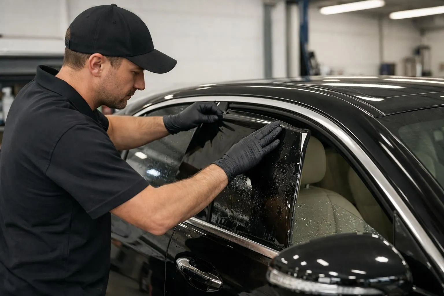 Professional automotive technician carefully applying dark window tint film to a luxury sedan's side window in a clean, well-lit garage workshop, showing precision craftsmanship and attention to detail during installation process